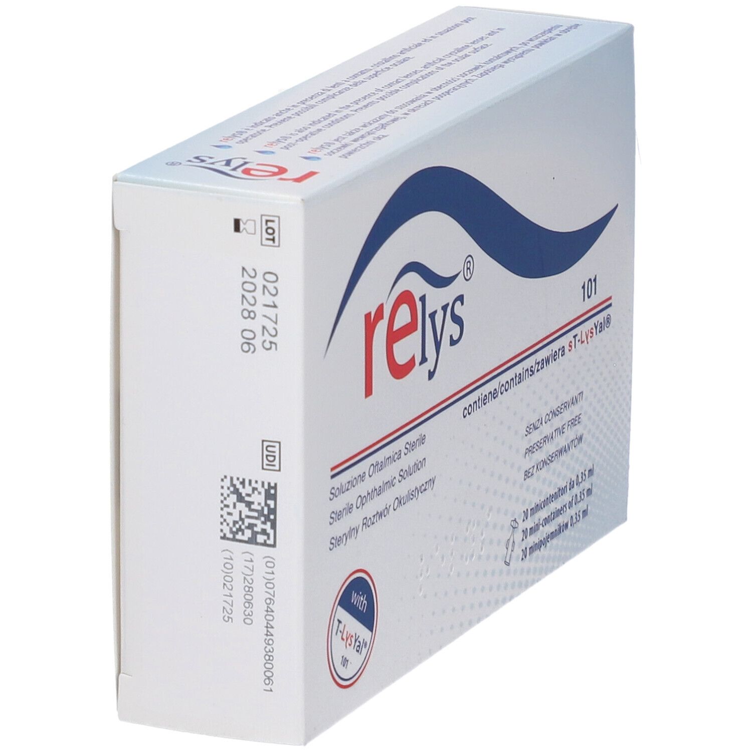 Relys sT-LysYal sterile Augenlösung, 20 konservierungsfreie Minikontainer à 0,35 ml. Rückseite mit Chargennummer und Verfallsdatum.