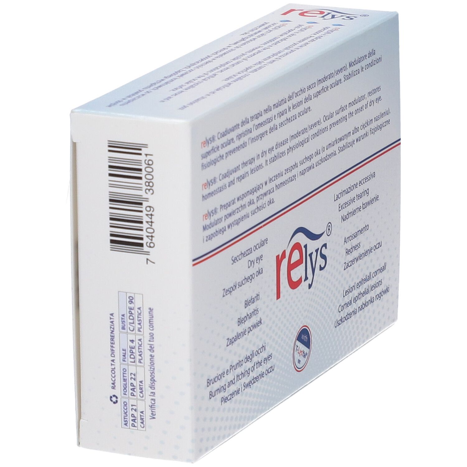 Relys sT-LysYal sterile Augenlösung, 20 konservierungsfreie Minikontainer. Seite mit Barcode und Recycling-Informationen.