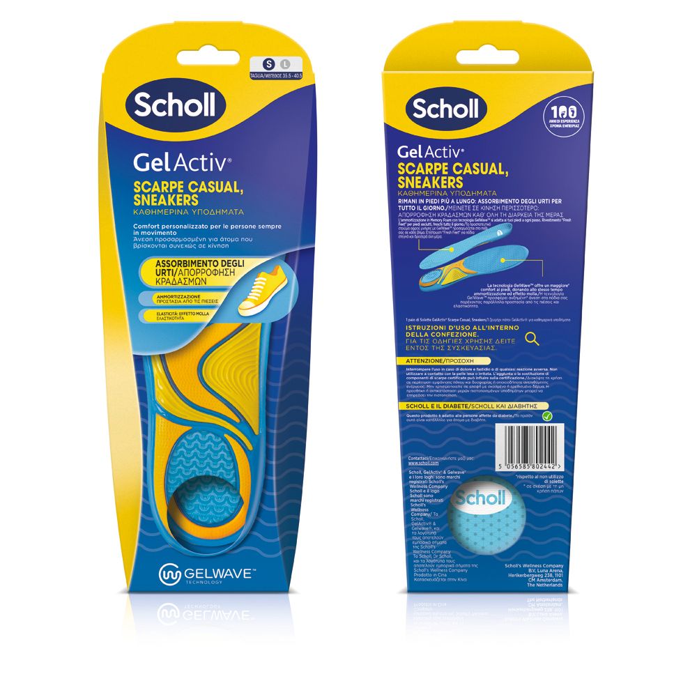 Solette Scholl GelActiv per scarpe casual e sneakers. Confezione con prodotto e dettagli.