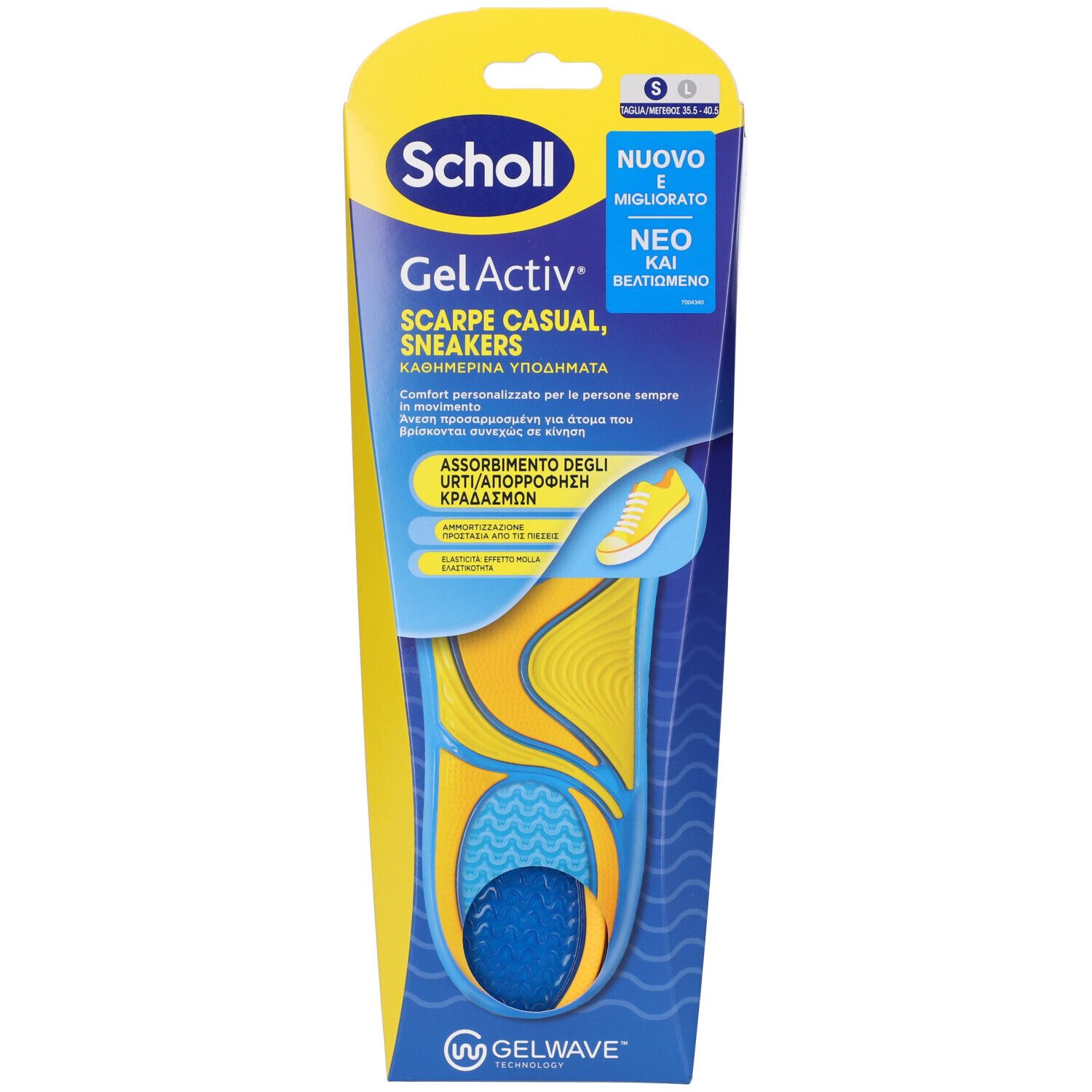 Solette Scholl GelActiv per scarpe casual e sneakers. Confezione con prodotto.