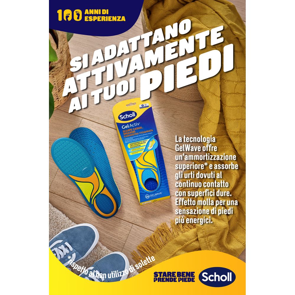 Solette Scholl GelActiv accanto alle scarpe. Testo: Si adatta ai tuoi piedi.
