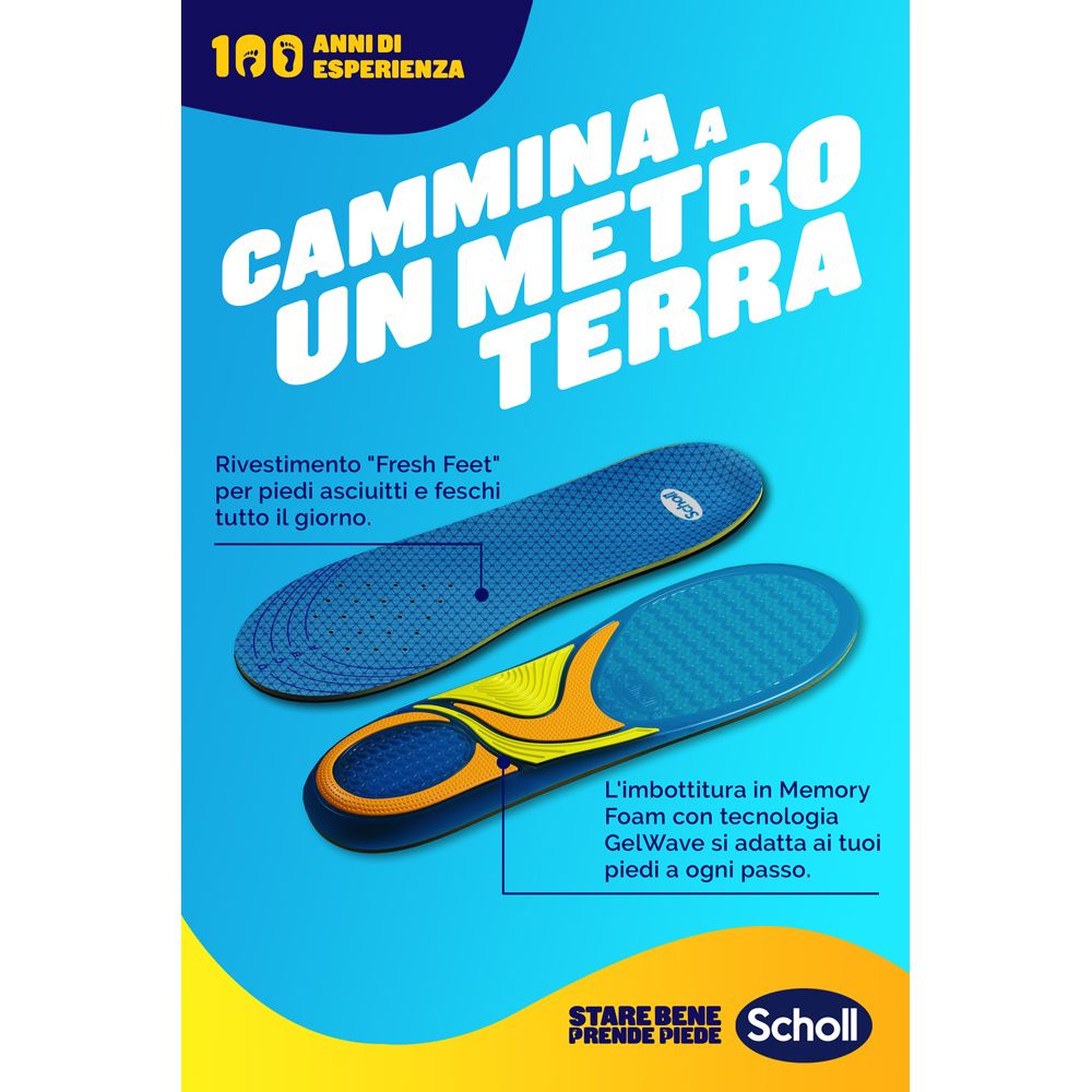 Solette Scholl GelActiv. Testo: Cammina a un metro da terra.