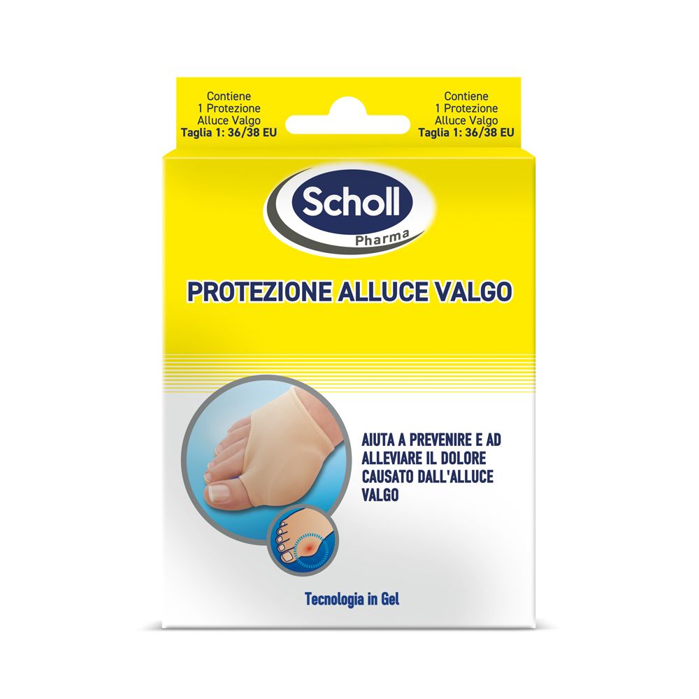Confezione Scholl Pharma. Contiene 1 protezione Allux Valgo, taglia 36/38 EU. Tecnologia in gel. Confezione giallo-bianca.