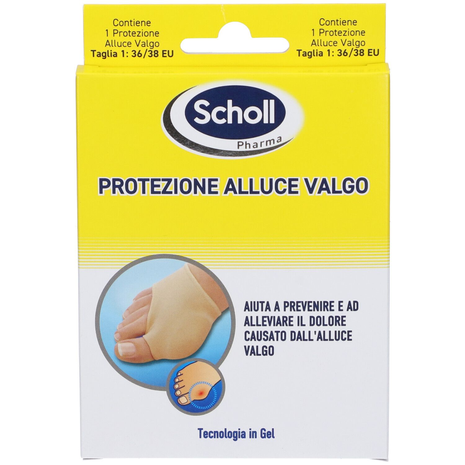 Retro della confezione Scholl Pharma. Testo e informazioni sul prodotto. Marchio CE. Informazioni del produttore.