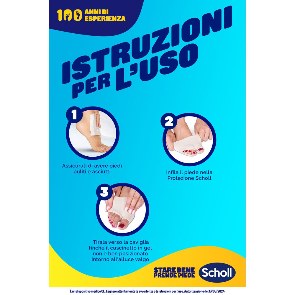 Immagine pubblicitaria con istruzioni. 3 passaggi per l'uso. Logo Scholl. Piedi e protezione alluce valgo.