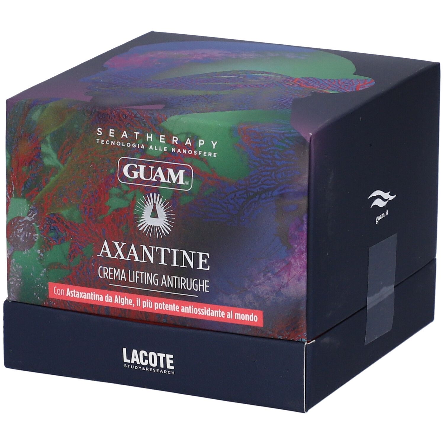 Dunkelblaue Schachtel mit Produktnamen AXANTINE CREMA LIFTING ANTIRUGHE. Marke GUAM. Text: Con Astaxantina da Alghe.