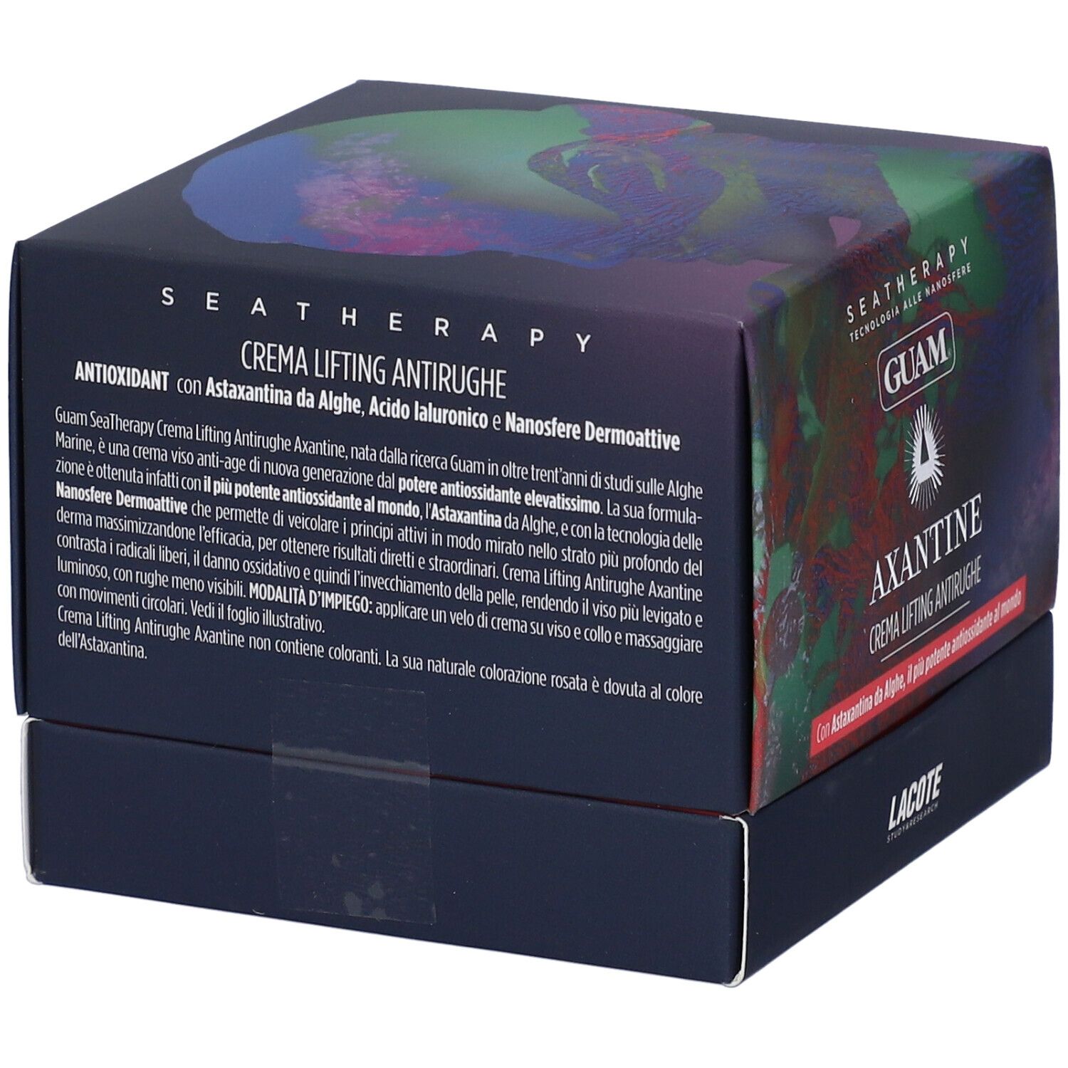 Dunkelblaue Schachtel mit Text. Produktname: CREMA LIFTING ANTIRUGHE. Marke GUAM. Text über Inhaltsstoffe und Anwendung.