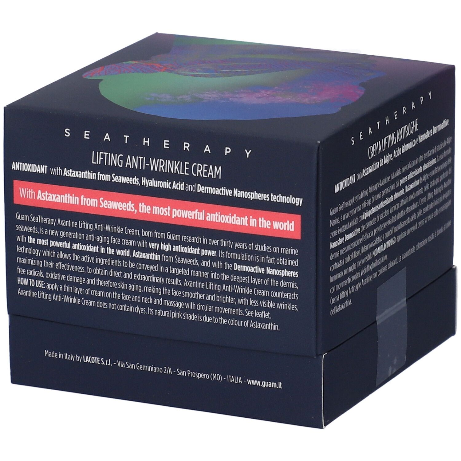Dunkelblaue Schachtel mit Text. Produktname: LIFTING ANTI-WRINKLE CREAM. Marke GUAM. Text über Inhaltsstoffe und Anwendung.