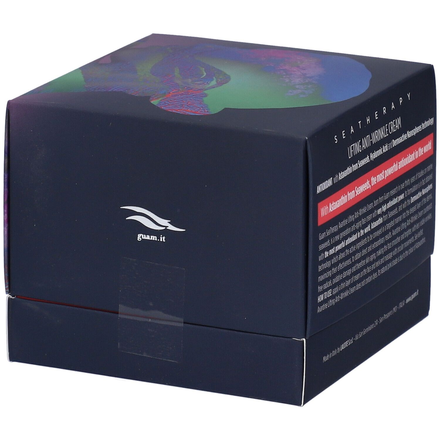 Dunkelblaue Schachtel mit Text. Marke GUAM. Text: guam.it. Produktname nicht sichtbar.
