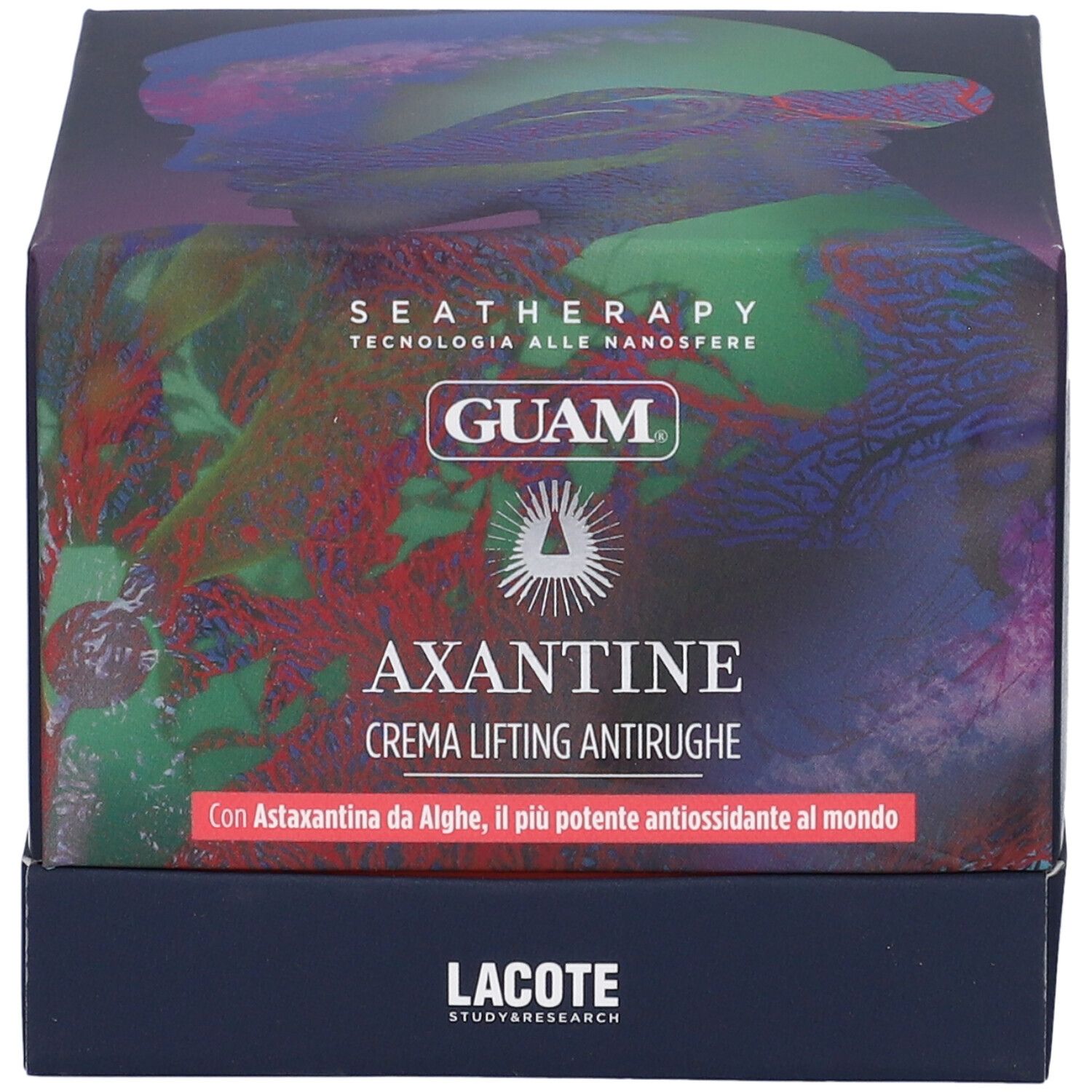 Dunkelblaue Schachtel mit Produktnamen AXANTINE CREMA LIFTING ANTIRUGHE. Marke GUAM. Text: Con Astaxantina da Alghe.