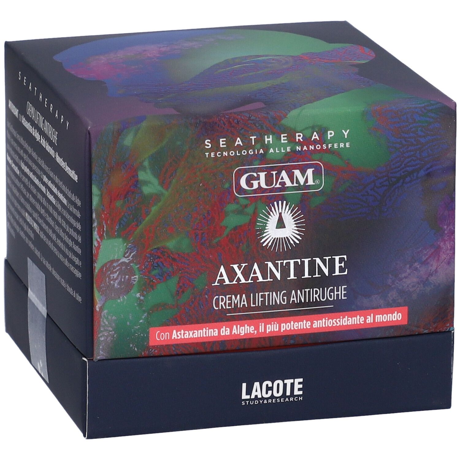 Dunkelblaue Schachtel mit Produktnamen AXANTINE CREMA LIFTING ANTIRUGHE. Marke GUAM. Text: Con Astaxantina da Alghe.