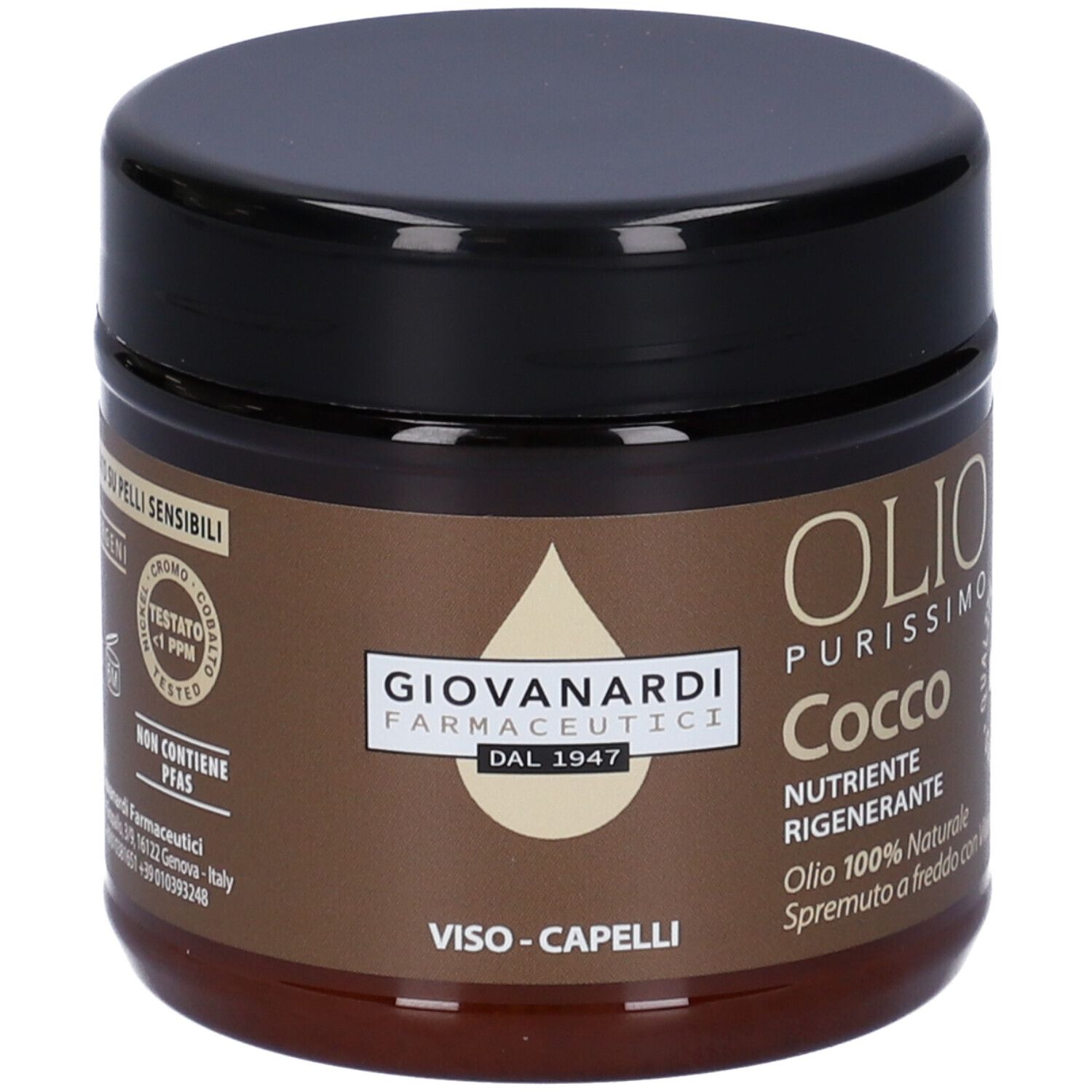 Barattolo marrone con coperchio nero. Scritta: Giovanardi Farmaceutici, Olio Purissimo Cocco. Per viso e capelli.
