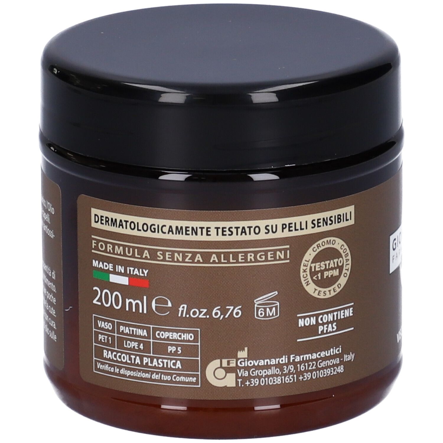 Barattolo marrone con coperchio nero. Scritta: Dermatologicamente testato. 200 ml. Non contiene PFAS. Prodotto in Italia.