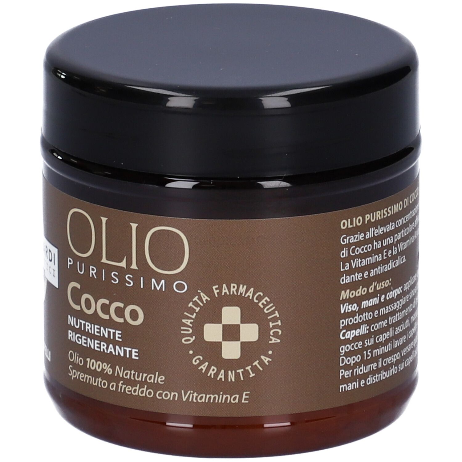 Barattolo marrone con coperchio nero. Scritta: Olio Purissimo Cocco. Con garanzia di qualità. Per viso e capelli.