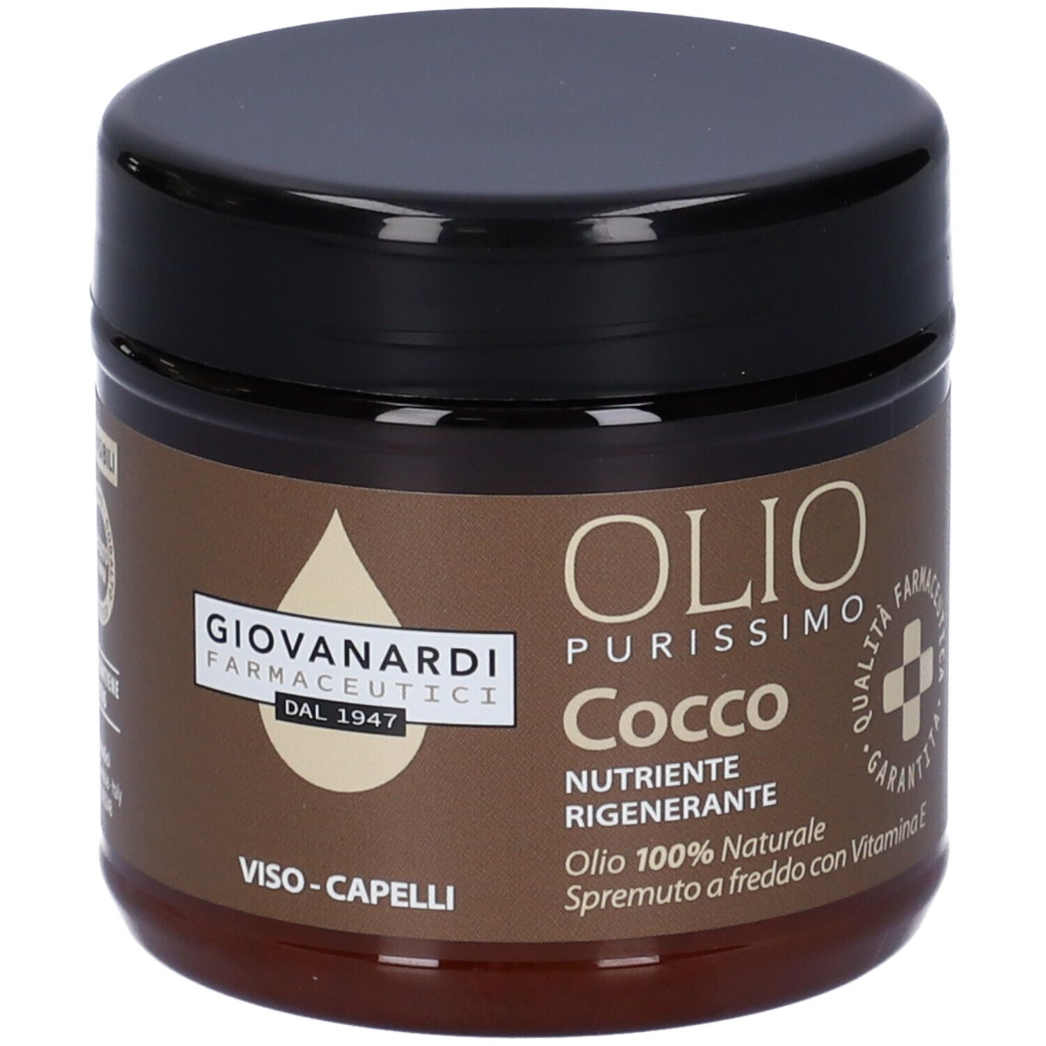 Barattolo marrone con coperchio nero. Scritta: Giovanardi Farmaceutici, Olio Purissimo Cocco. Per viso e capelli.