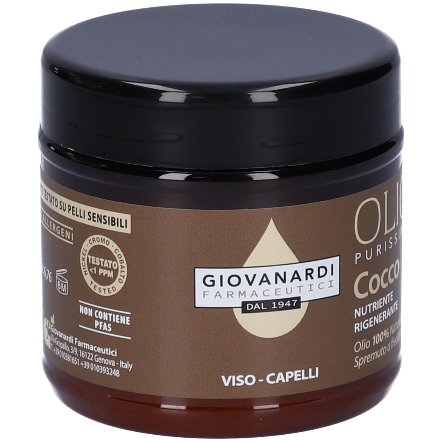 Barattolo marrone con coperchio nero. Scritta: Dermatologicamente testato. Non contiene PFAS. Per viso e capelli.