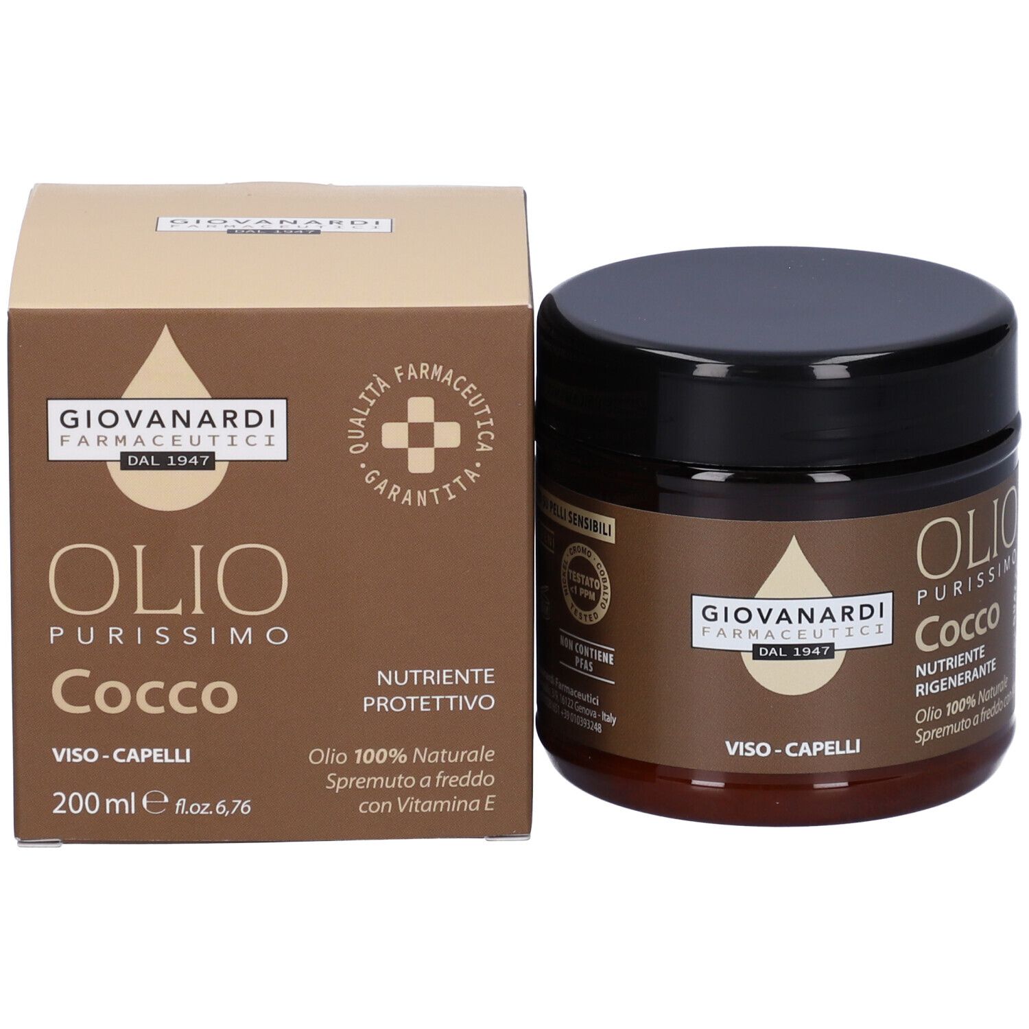 Confezione del prodotto con barattolo e scatola. Barattolo: Olio Purissimo Cocco. Scatola: Giovanardi Farmaceutici. 200 ml.