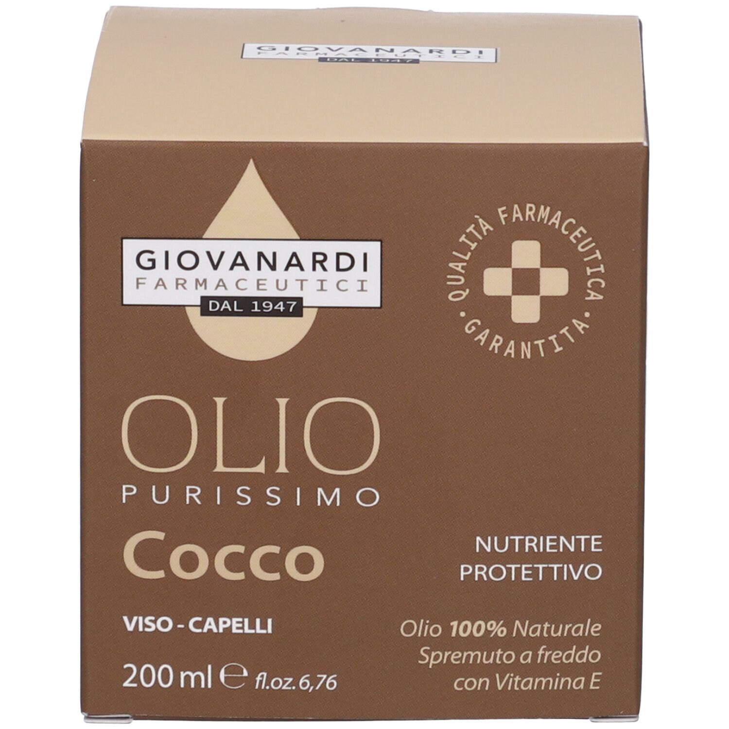 Confezione in cartone. Scritta: Giovanardi Farmaceutici, Olio Purissimo Cocco. 200 ml. Per viso e capelli.