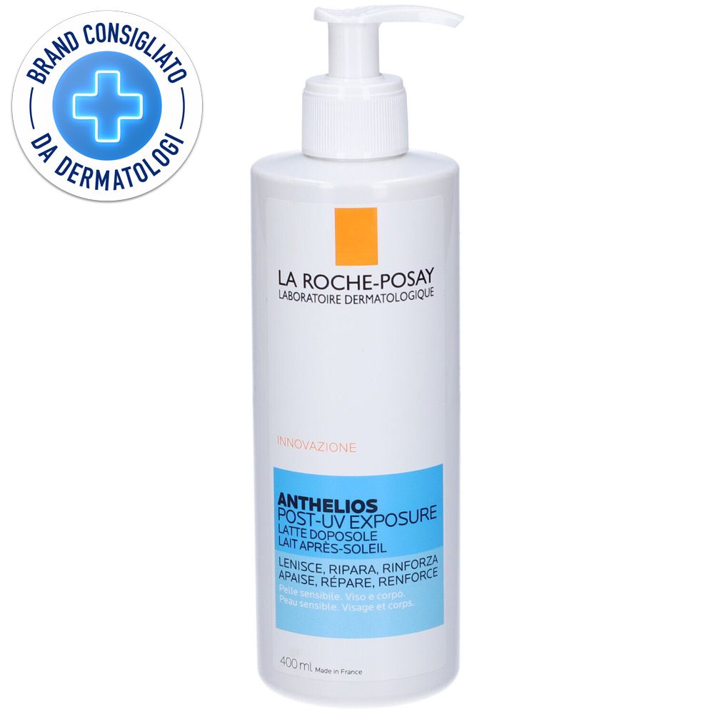 Flacone bianco con dosatore. Etichette blu e arancioni. Testo: Anthelios Post-UV Exposure. Testato dermatologicamente.