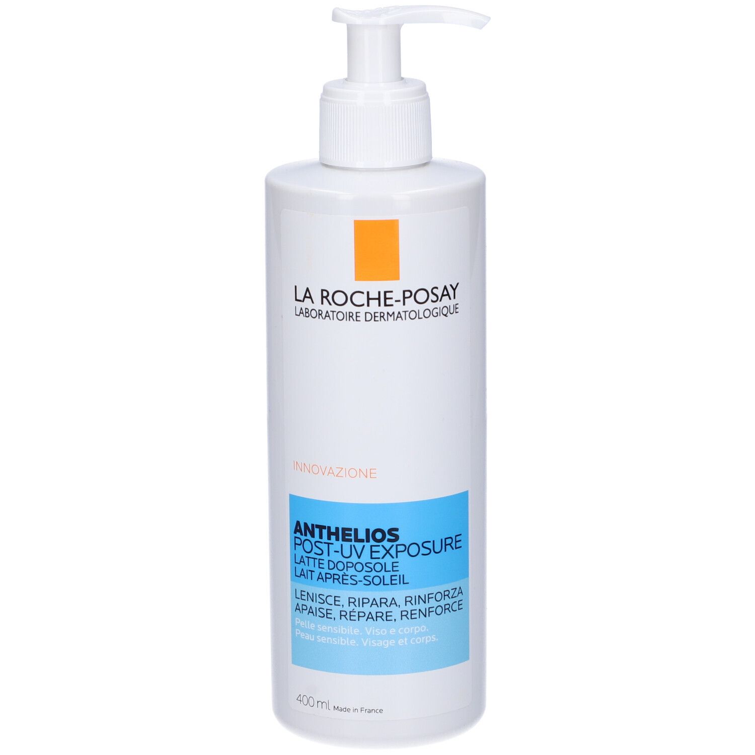 Flacone bianco con dosatore. Etichette blu e arancioni. Testo: Anthelios Post-UV Exposure. Testato dermatologicamente.