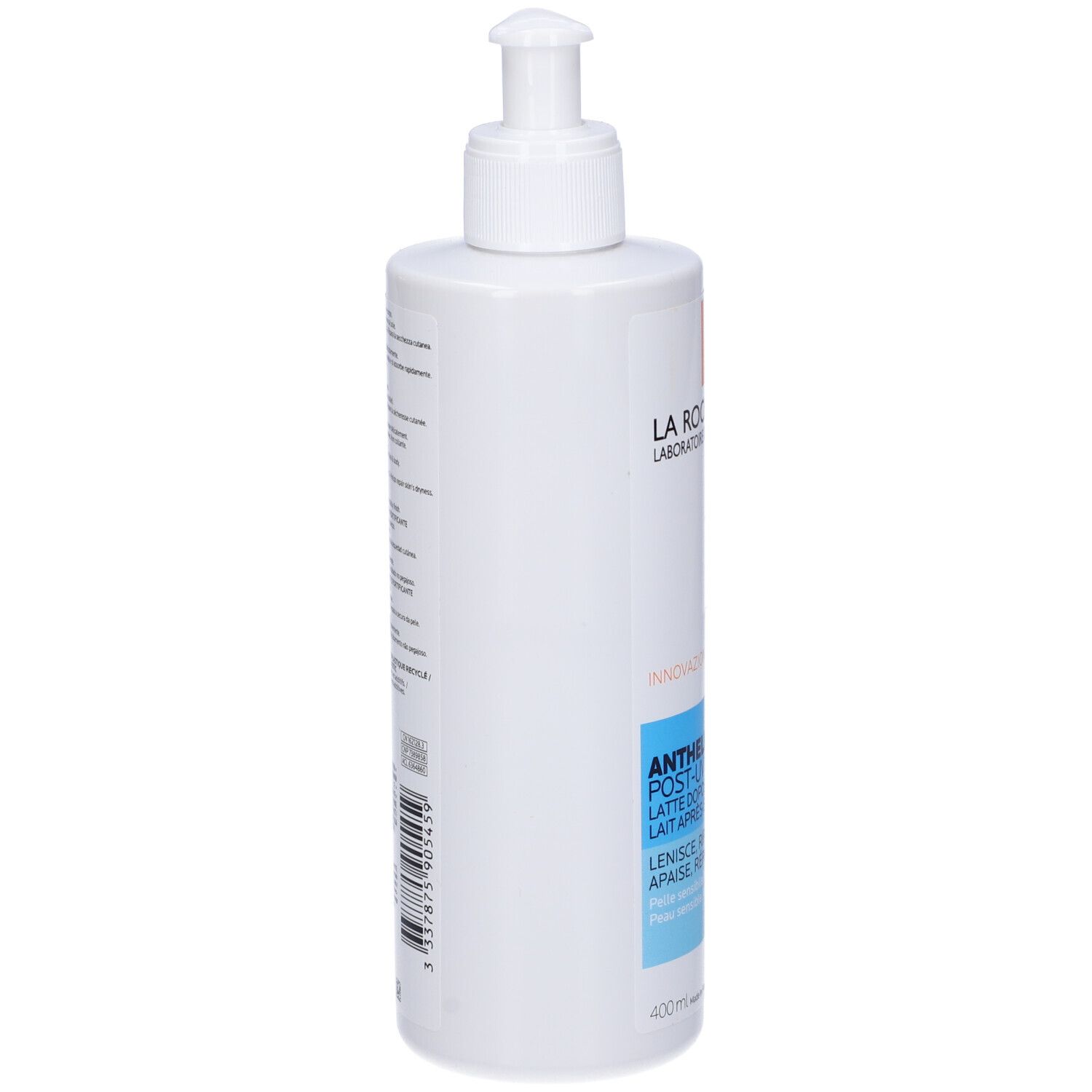 Flacone con dosatore, vista laterale. Etichette blu e arancioni. Testo: Anthelios Post-UV Exposure. Informazioni sul prodotto.