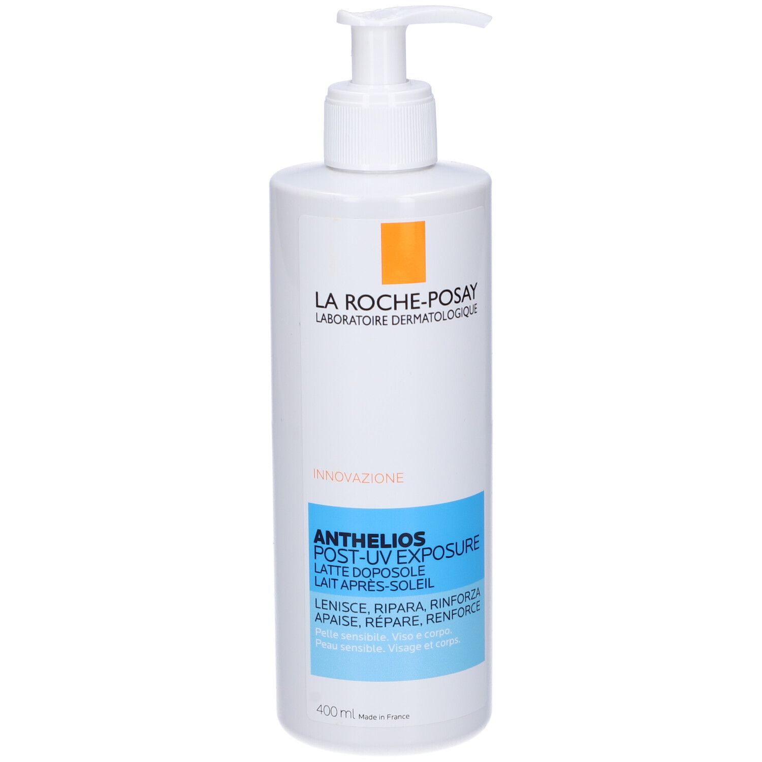 Flacone bianco con dosatore. Etichette blu e arancioni. Testo: Anthelios Post-UV Exposure. Testato dermatologicamente.