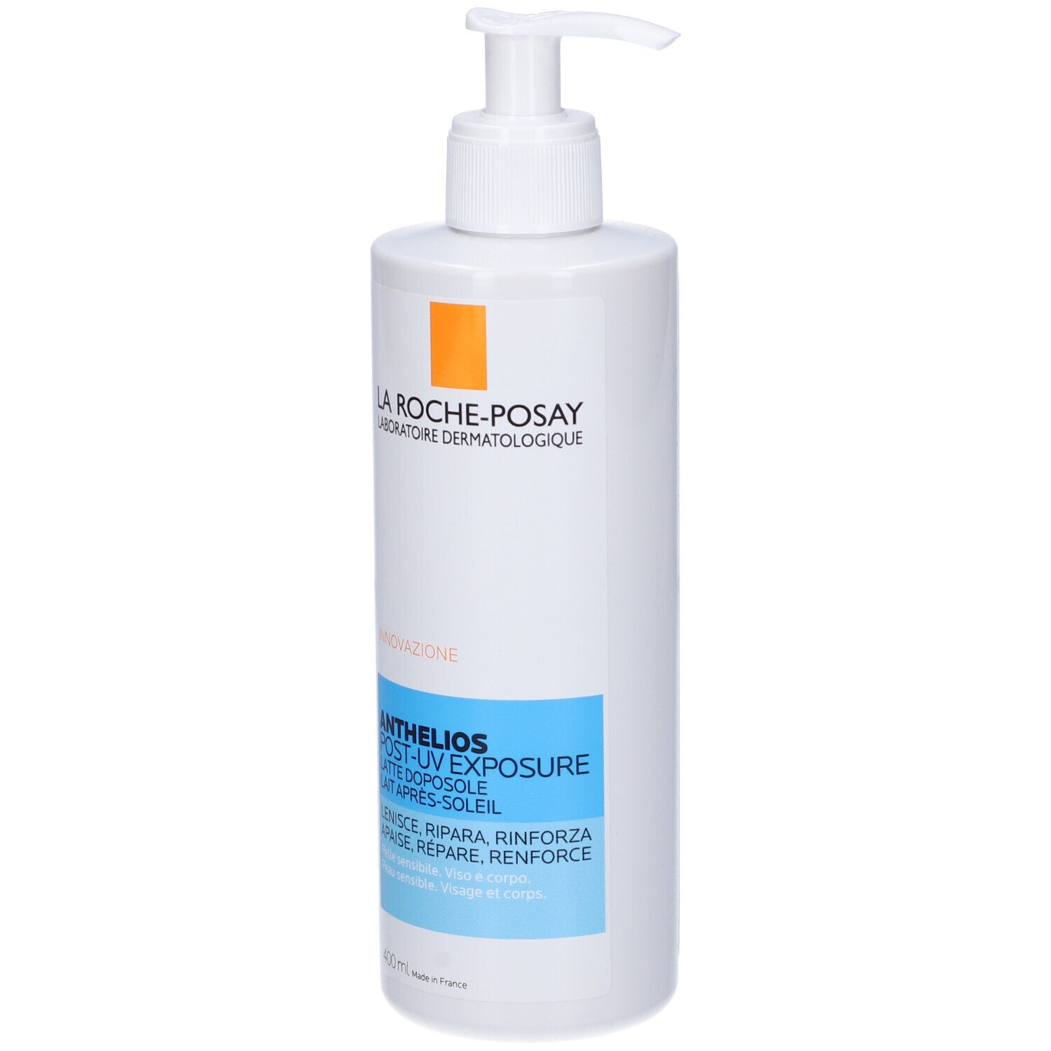 Flacone bianco con dosatore. Etichette blu e arancioni. Testo: Anthelios Post-UV Exposure. Testato dermatologicamente.