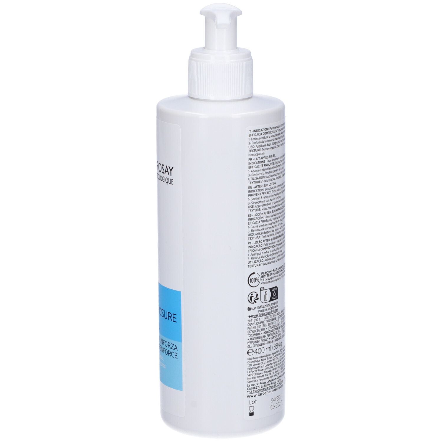Flacone con dosatore, vista laterale. Etichette blu e arancioni. Testo: Anthelios Post-UV Exposure. Informazioni sul prodotto.