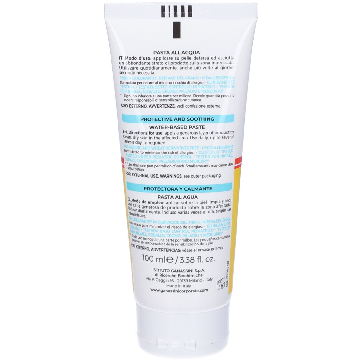 Rückseite der Tube Vitamindermina Pasta All'Acqua. Text in mehreren Sprachen. Enthält Informationen zur Anwendung und Inhaltsstoffe.