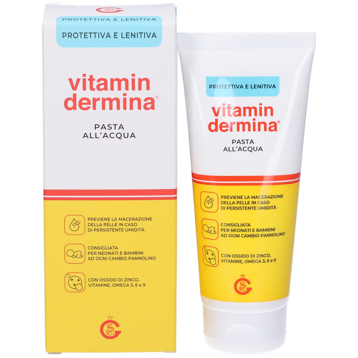 Vitamindermina Pasta All'Acqua Tube und Schachtel. Weiß, blau, gelb. Aufschrift: PROTECTIVE AND SOOTHING. Enthält Zinkoxid, Omega 3, 6, 9.