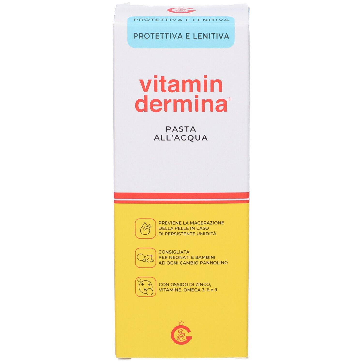 Vitamindermina Pasta All'Acqua Schachtel. Weiß, blau, gelb. Aufschrift: PROTECTIVE AND SOOTHING. Enthält Zinkoxid, Omega 3, 6, 9.