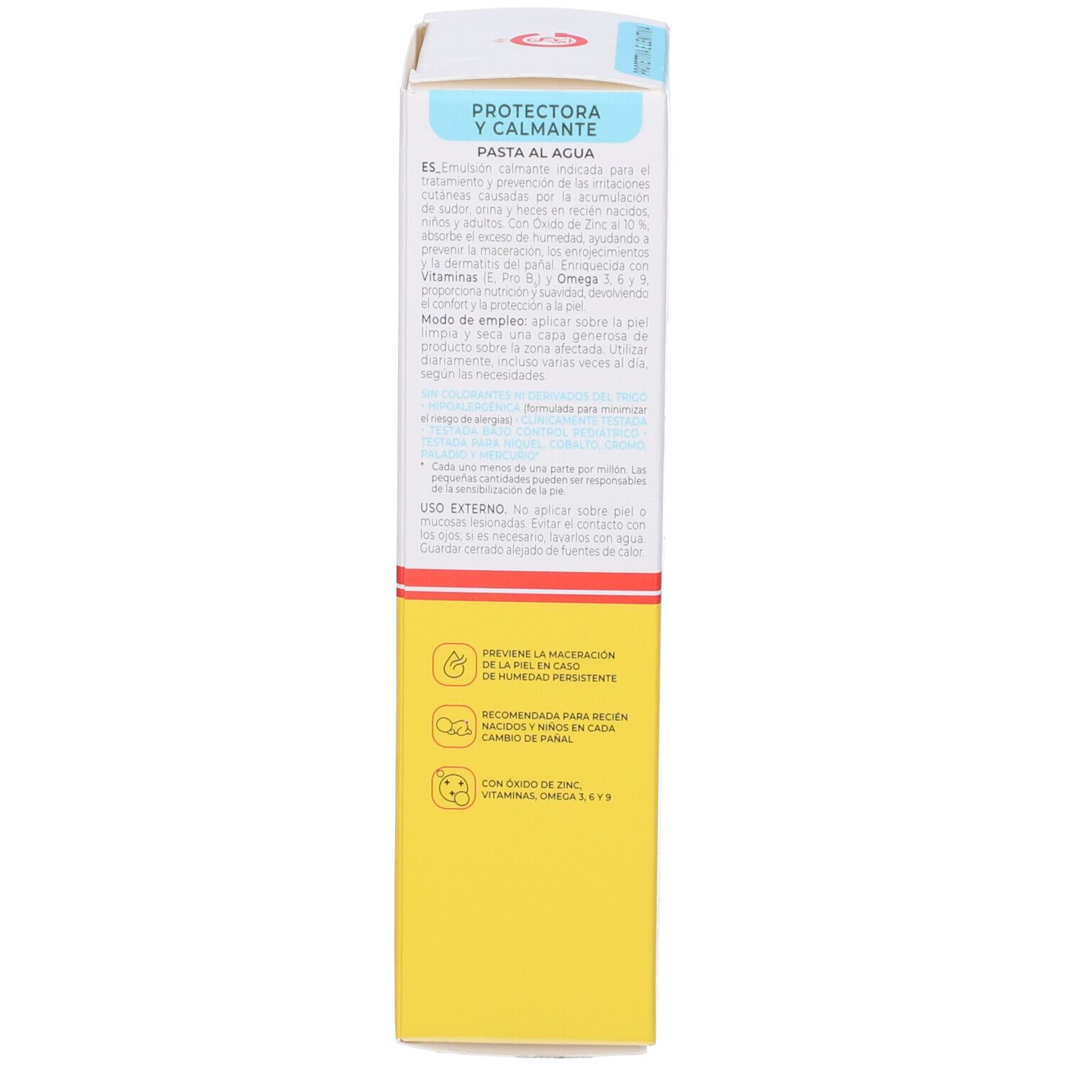 Vitamindermina Pasta All'Acqua Schachtel. Rückseite. Text in mehreren Sprachen. Enthält Informationen zur Anwendung und Inhaltsstoffe.