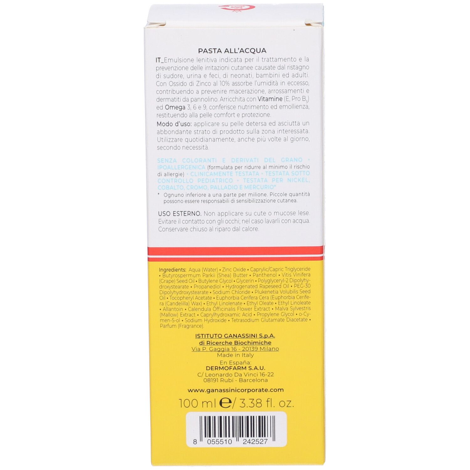 Vitamindermina Pasta All'Acqua Schachtel. Rückseite. Text in mehreren Sprachen. Enthält Informationen zur Anwendung und Inhaltsstoffe.