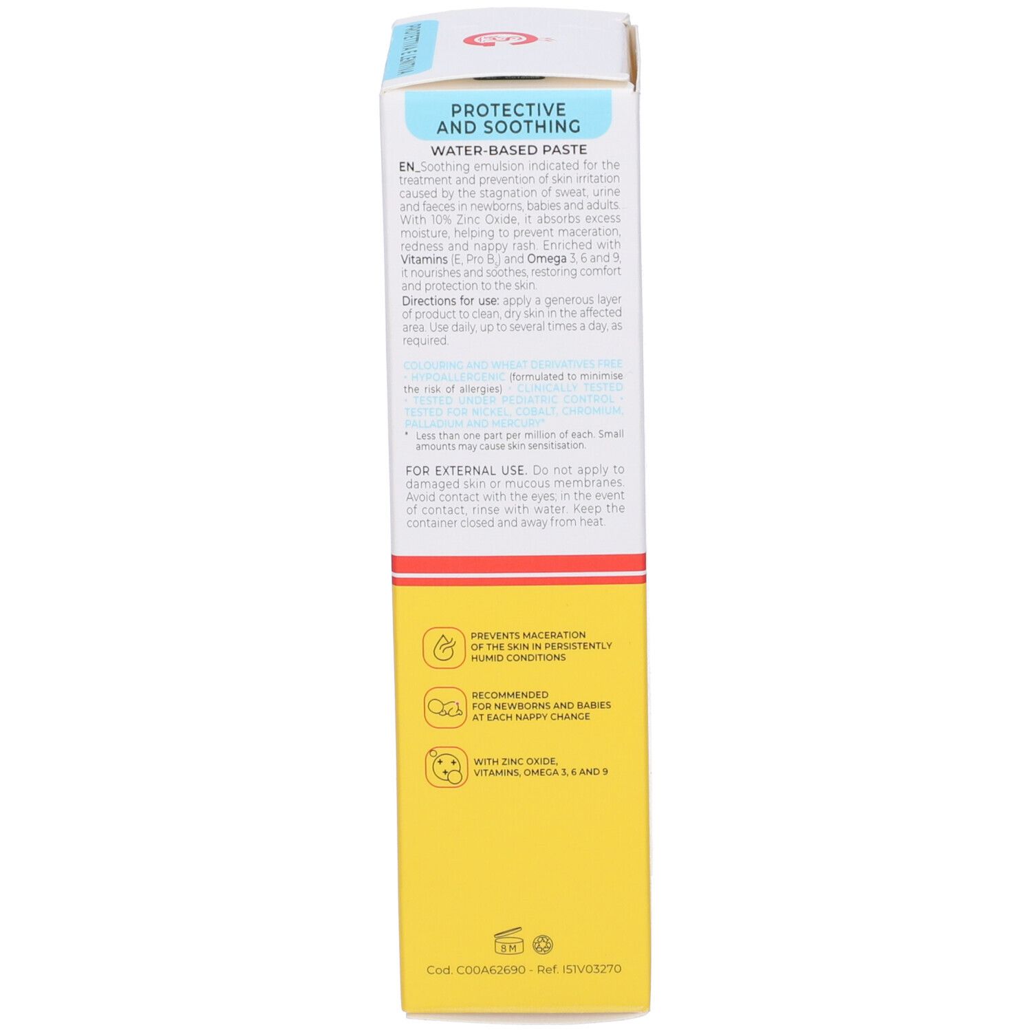 Vitamindermina Pasta All'Acqua Schachtel. Rückseite. Text in mehreren Sprachen. Enthält Informationen zur Anwendung und Inhaltsstoffe.