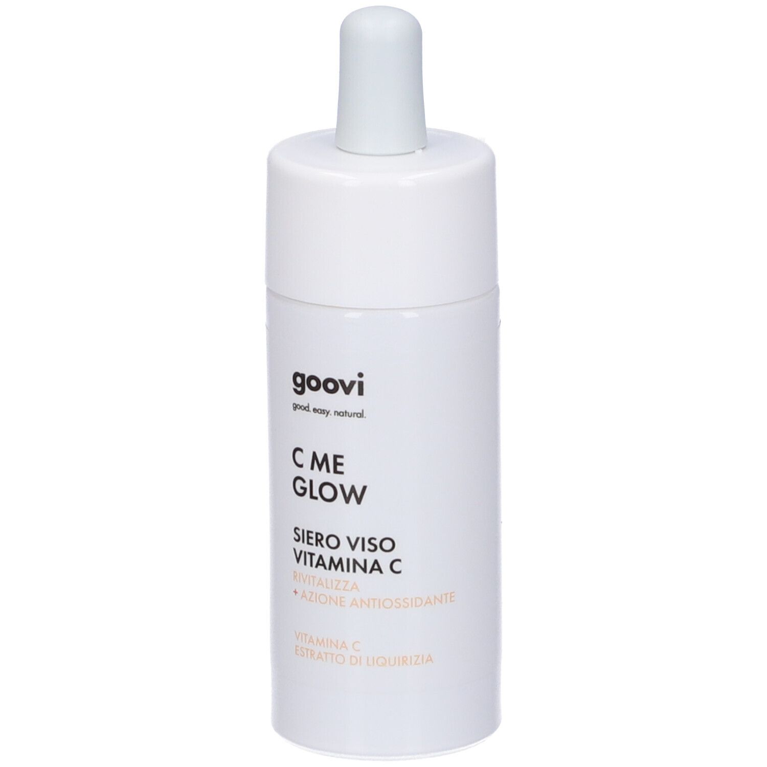 Flacone di siero bianco con contagocce. Scritta: C ME GLOW, Siero Viso Vitamina C.