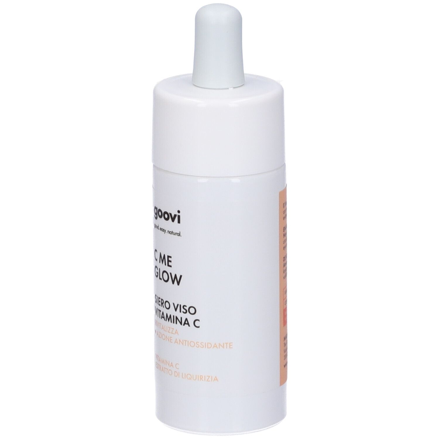Flacone di siero bianco con contagocce. Scritta: C ME GLOW, Siero Viso Vitamina C.