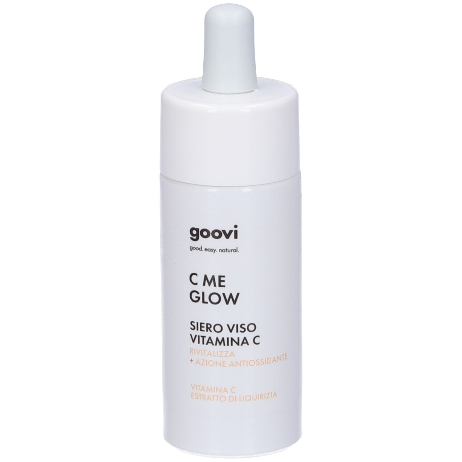 Flacone di siero bianco con contagocce. Scritta: C ME GLOW, Siero Viso Vitamina C.
