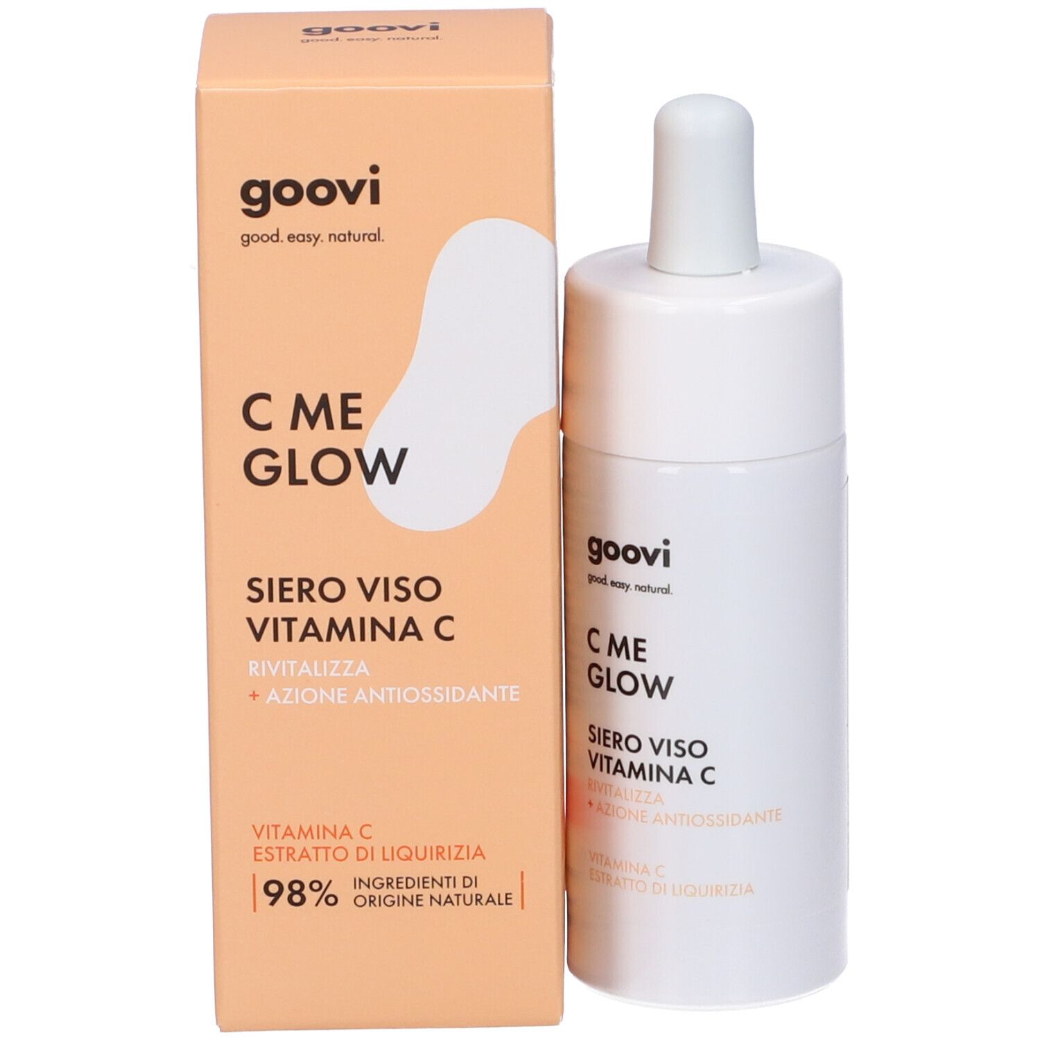 Confezione del prodotto con flacone di siero. Scritta: C ME GLOW, Siero Viso Vitamina C.
