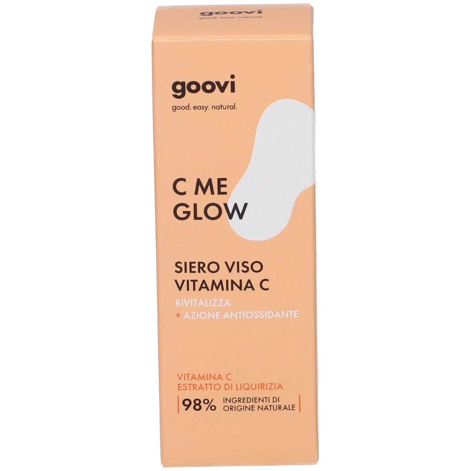 Confezione del prodotto. Scritta: C ME GLOW, Siero Viso Vitamina C.