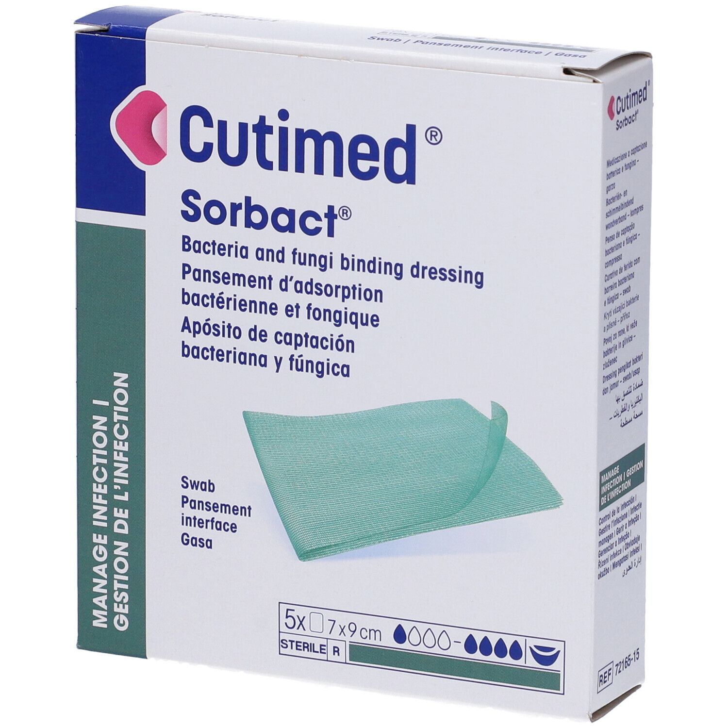 Confezione Cutimed Sorbact, 7x9 cm. Compressa verde visibile. Testo: medicazione batterica e fungina.