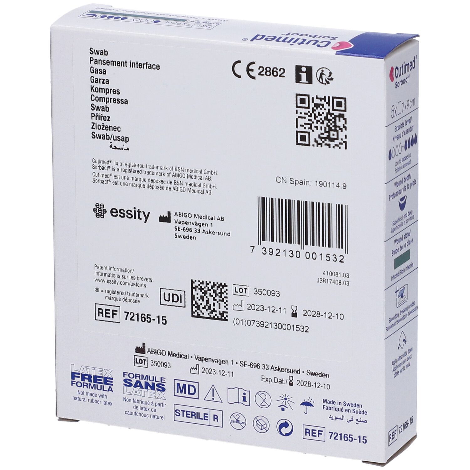 Retro confezione Cutimed Sorbact. Testo: CE 2862, numero lotto, scadenza, informazioni produttore.