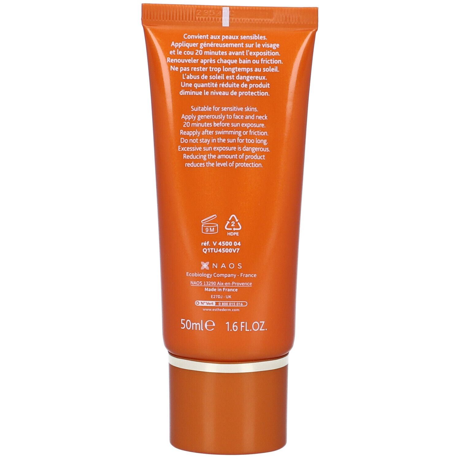 Rückseite der orangefarbenen Tube. Text in mehreren Sprachen. 50ml, 1.6 FL.OZ. Mit Symbolen für Gebrauchsanweisung.