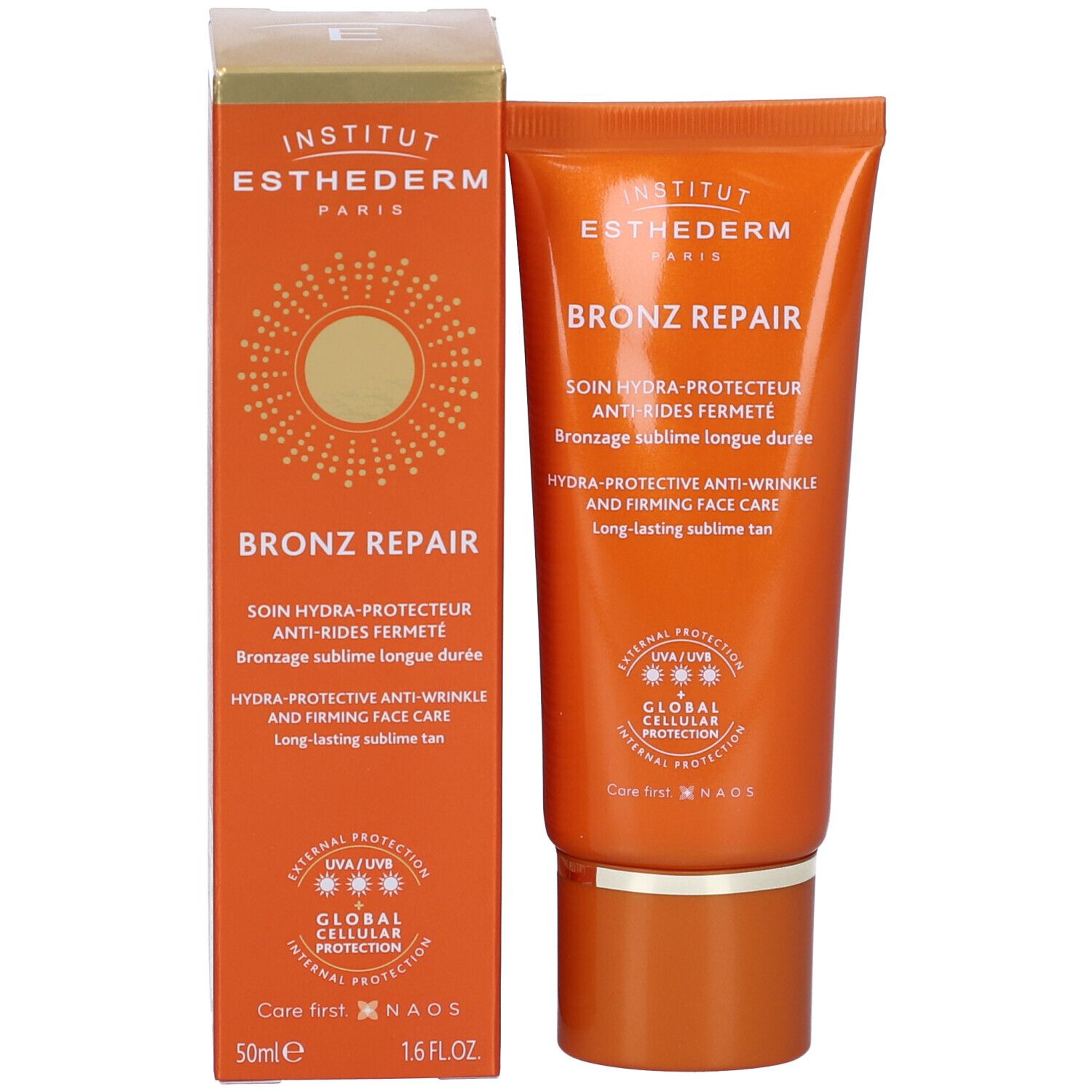 Produktverpackung: Tube und Schachtel. Institut Esthederm Bronz Repair. Sonnenschutzmittel. Orangefarbenes Design.