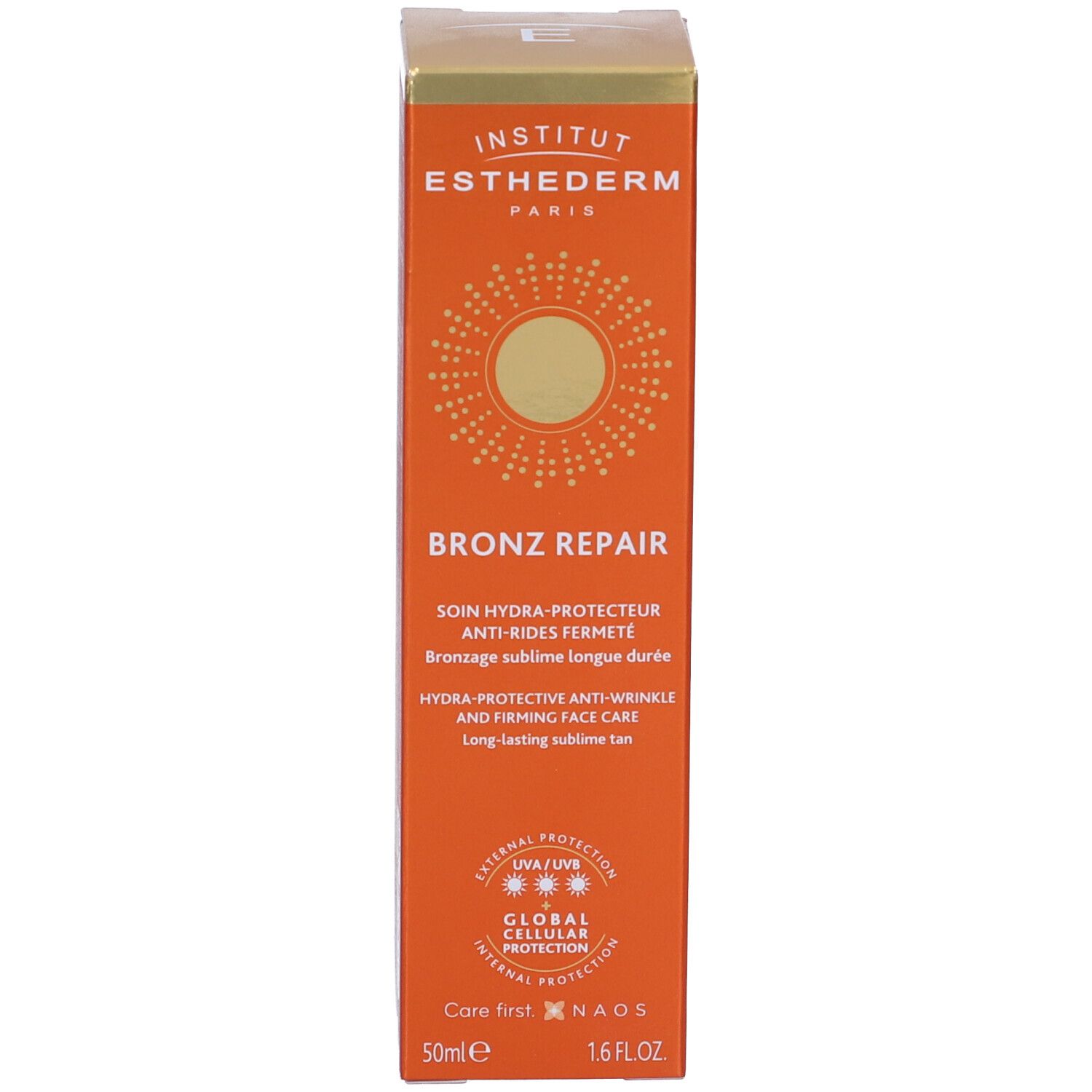 Schachtel, orangefarben. Institut Esthederm, Bronz Repair. Sonnenschutzmittel. Text und Logo.