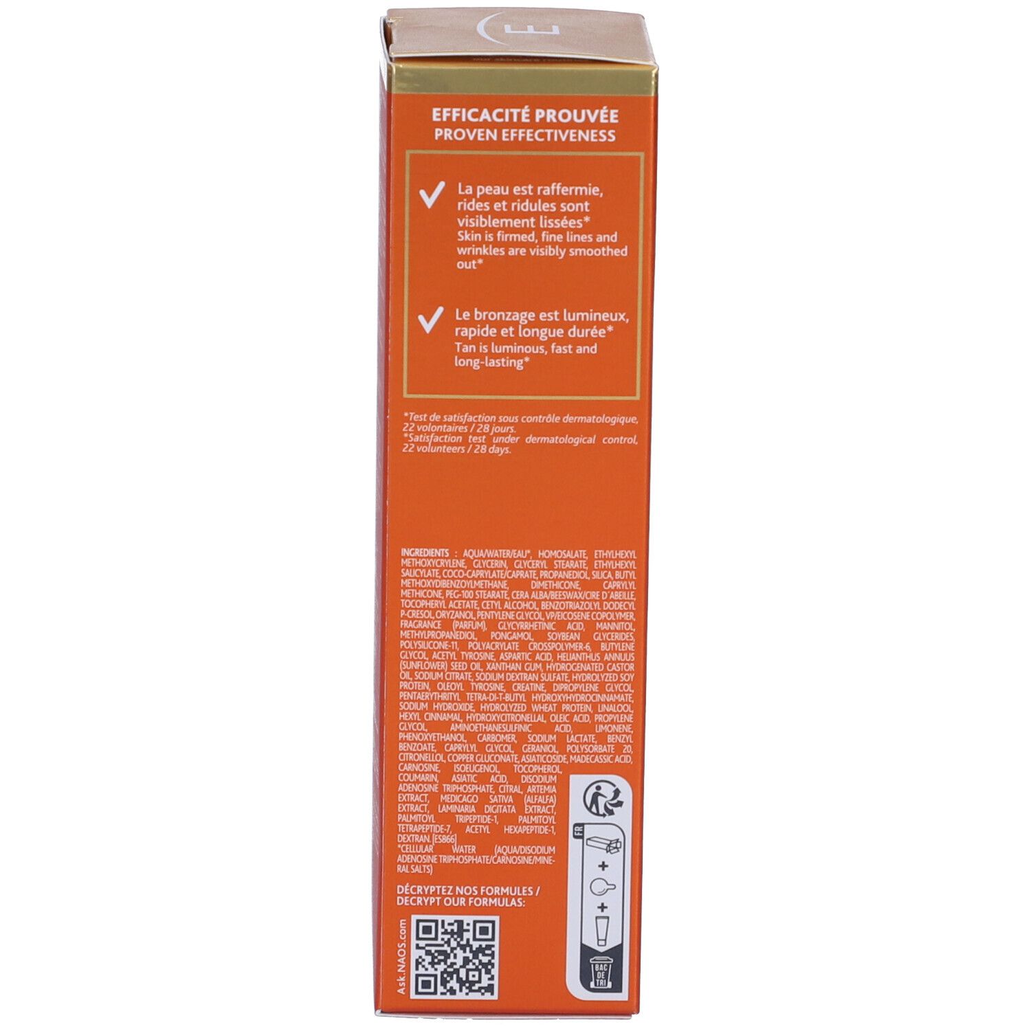 Rückseite der Schachtel. Text über Wirksamkeit und Inhaltsstoffe. QR-Code. Orangefarbenes Design.