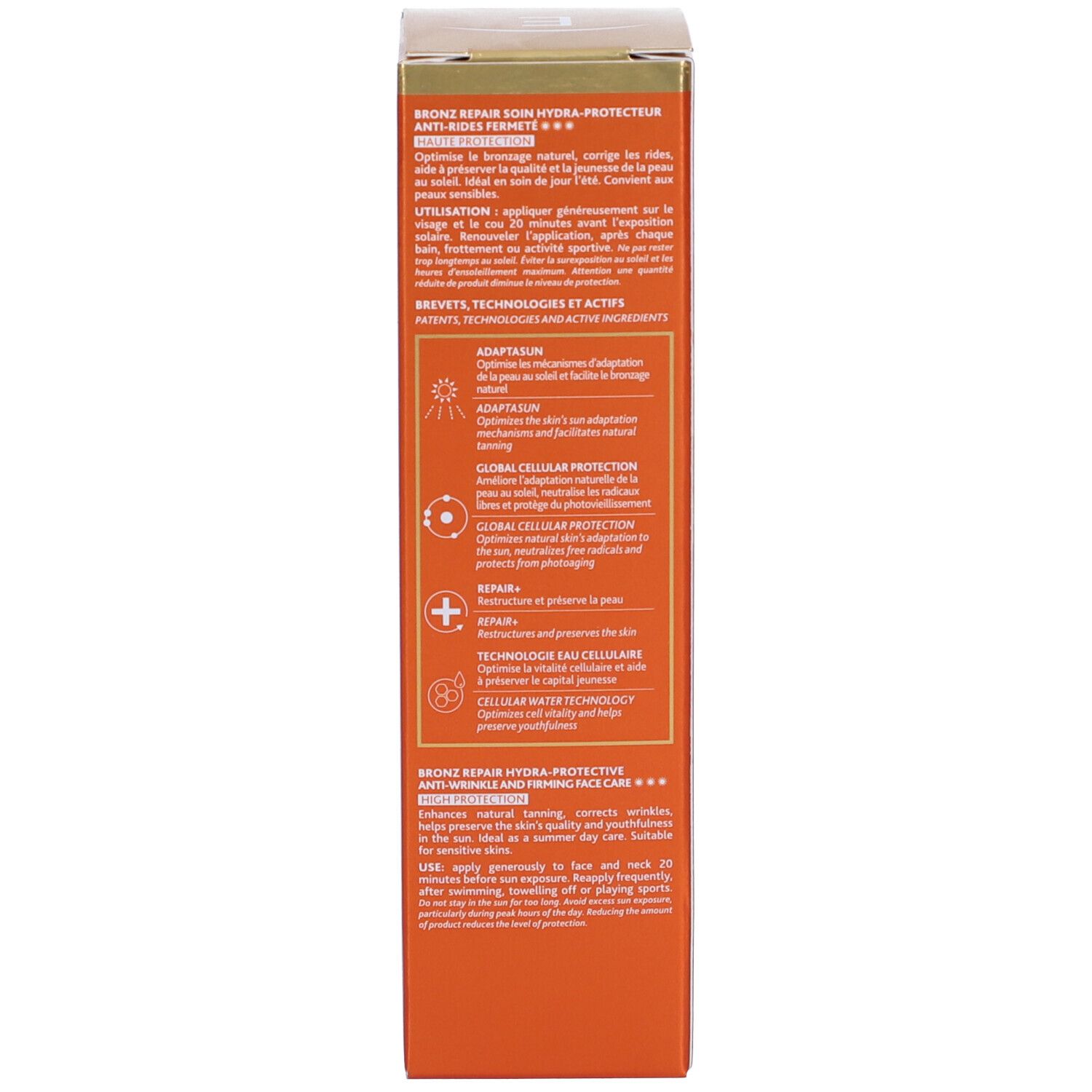 Seite der Schachtel. Beschreibung der Inhaltsstoffe und Anwendung. Illustrationen. Orangefarbenes Design.