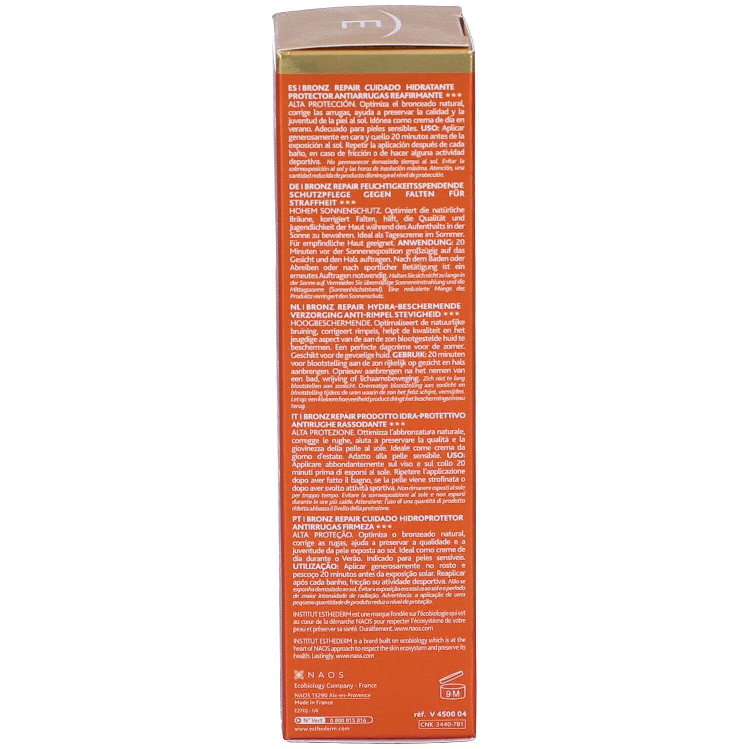 Seite der Schachtel mit mehrsprachigem Text. Produktinformationen. Orangefarbenes Design. NAOS-Logo.