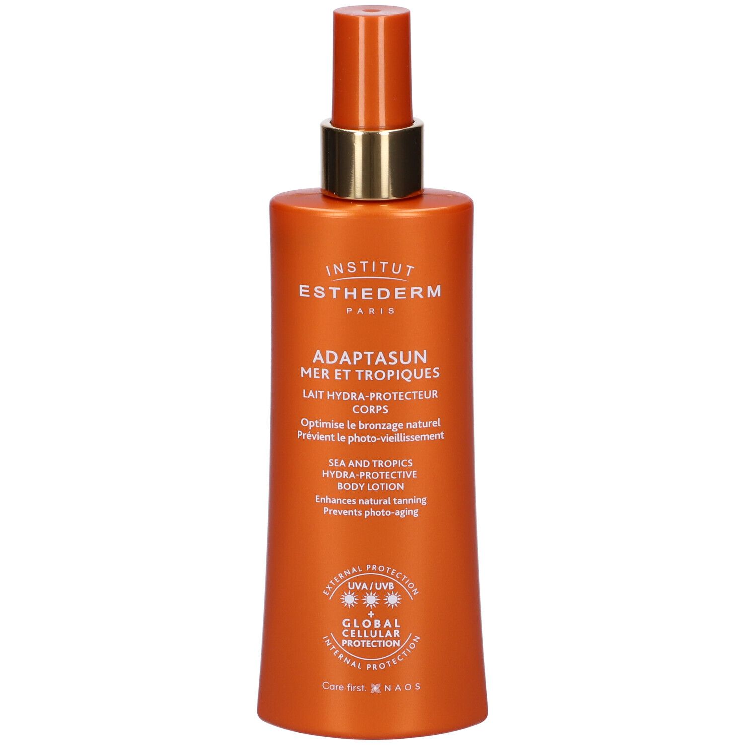 Flacone arancione con vaporizzatore. Scritta: Institut Esthederm, Adaptasun Mer et Tropiques, Lait Hydra-Protecteur Corps.