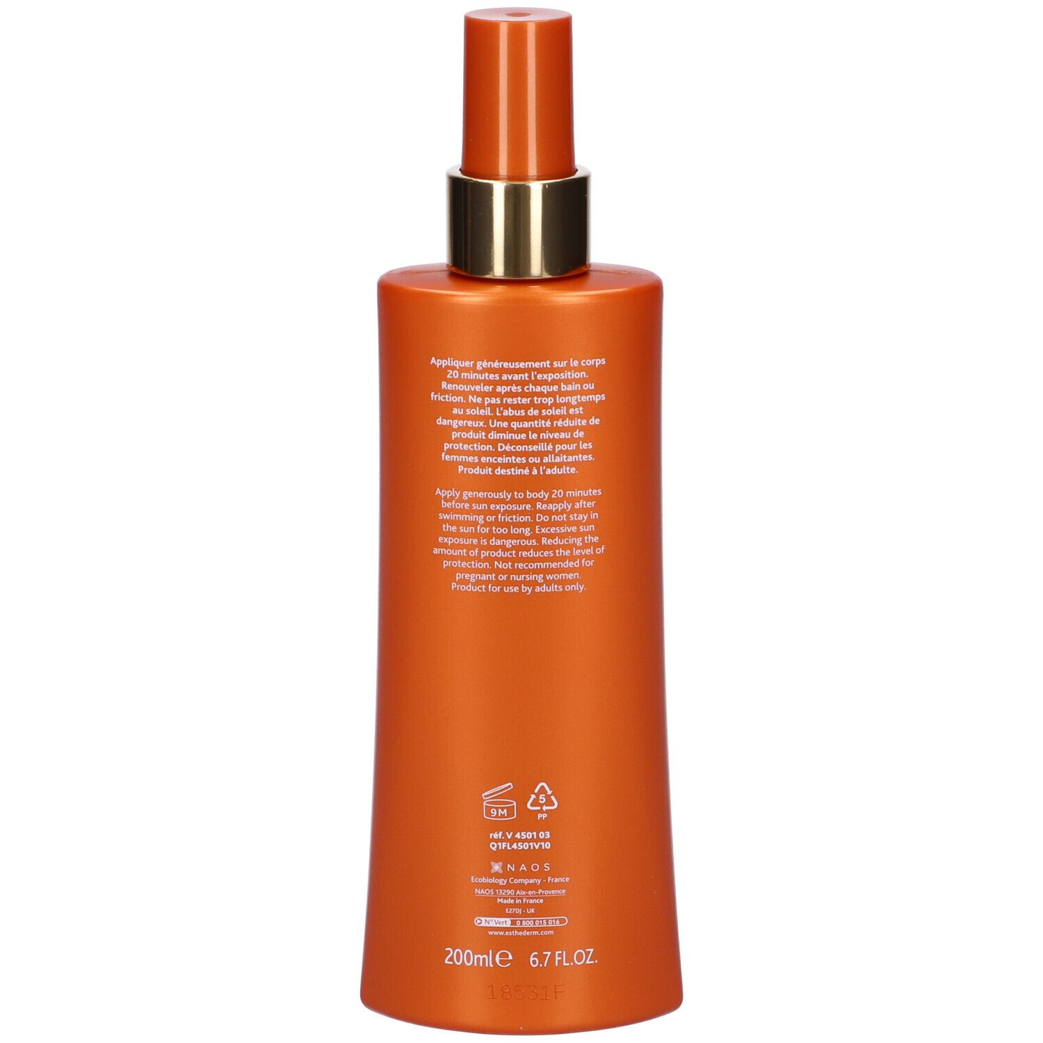 Retro di un flacone arancione. Testo: istruzioni per l'uso, ingredienti, informazioni del produttore, 200ml, 6.7 FL.OZ.