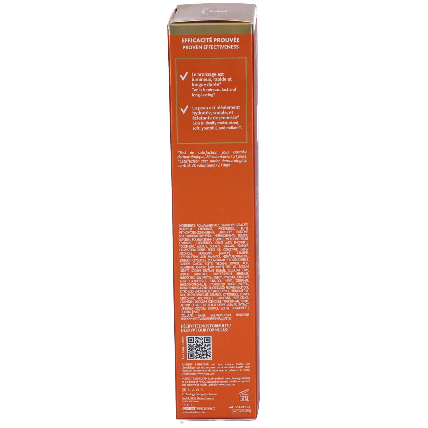 Confezione del prodotto, lato testo. Scritta: Efficacité prouvée, ingredienti, codice QR, informazioni del produttore.